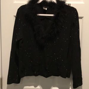 Button down black top with fur trim
